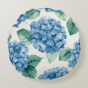 Cojín Redondo Hortensias Azules Flores Acuarela Botánica Floraci