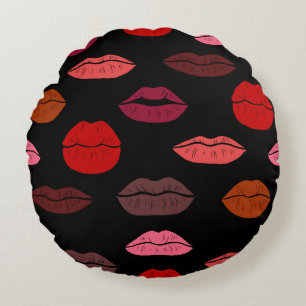 Cojín Redondo Huella de labios, besos rosados rojos.