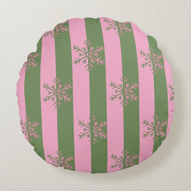 Cojín Redondo Huella rosa verde Navidades de copo de nieve a la  (Anverso)