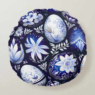 Cojín Redondo Huevo de Pascua Floral Azul Escandinavo