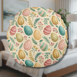 Cojín Redondo Huevos de Pascua Antiguos con Capullos Florales