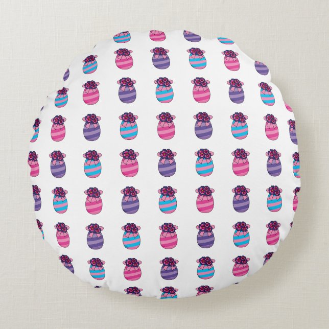 Cojín Redondo Huevos de Pascua con flores y cinta de opciones (Anverso)