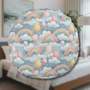 Cojín Redondo Huevos de Pascua vintage pastel arcoíris con nubes