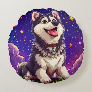 Cojín Redondo Husky Alegre Contra Cielo Estrellado