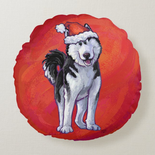 Cojín Redondo Husky con sombrero de Santa en rojo (Anverso)