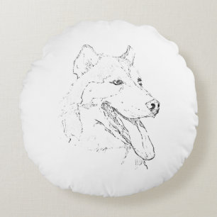 Cojín Redondo Husky Siberiano – Dibujo de línea de perro minimal