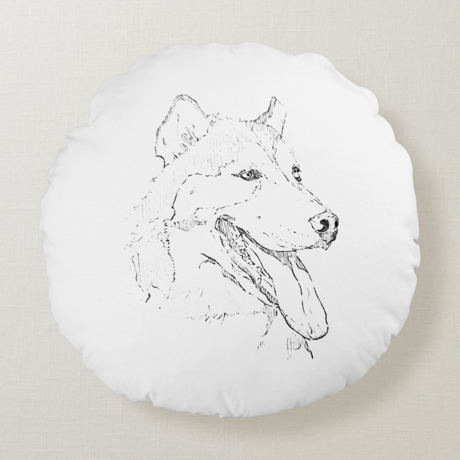 Cojín Redondo Husky Siberiano – Dibujo de línea de perro minimal (Anverso)
