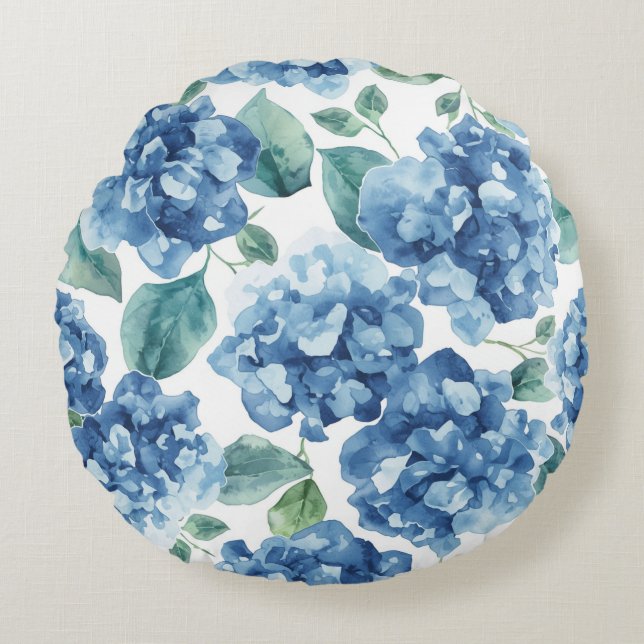 Cojín Redondo Hydrangea Blues | Patrón de flores de flores de ac (Anverso)