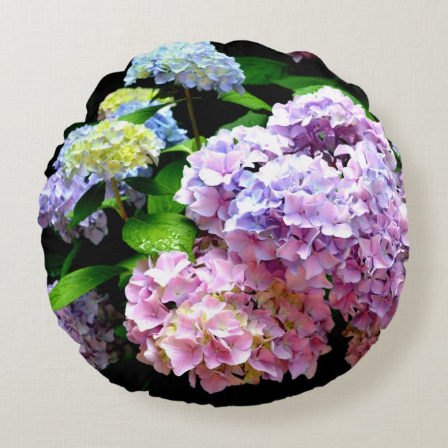 Cojín Redondo Hydrangea garden, rosa, azul, violeta floral (Anverso)