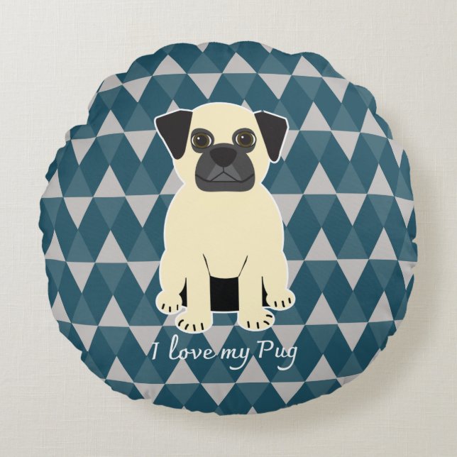 Cojín Redondo I love my Pug, Blue diamonds pattern (Anverso)