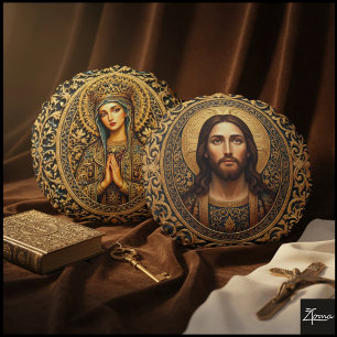 Cojín Redondo Icono Sagrado Dorado - Jesús