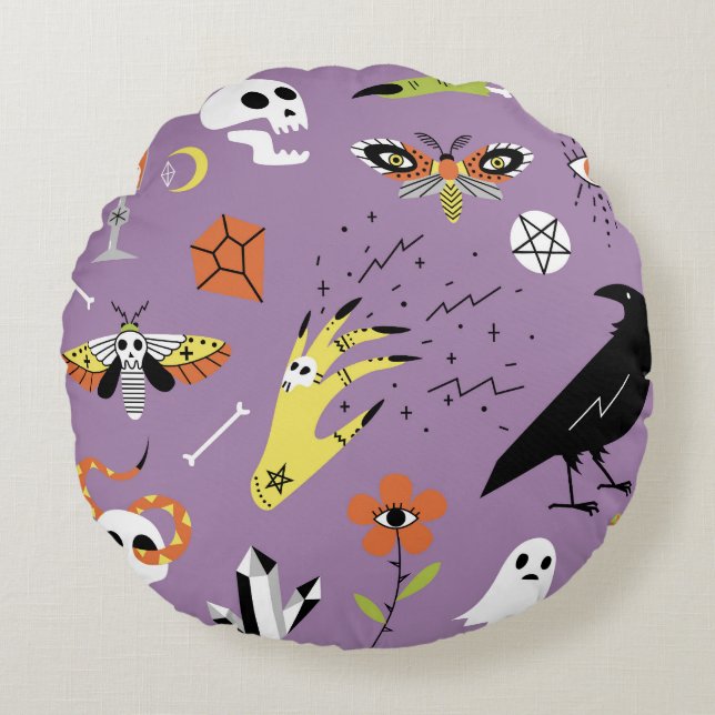 Cojín Redondo Iconos de Halloween, conjunto de cosechas a mano. (Anverso)