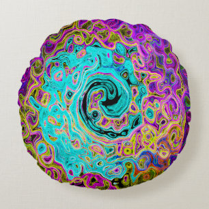 Cojín Redondo Icy Aqua Blue Groovy Abstract Retro Liquid Swirl