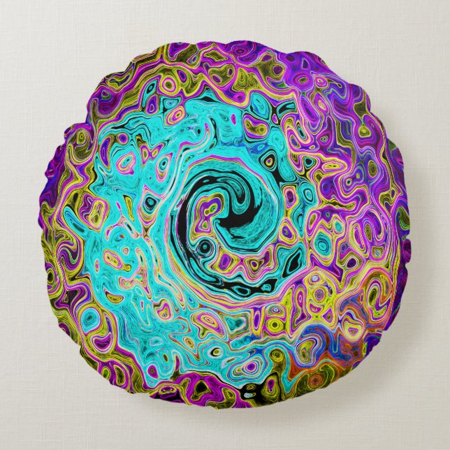 Cojín Redondo Icy Aqua Blue Groovy Abstract Retro Liquid Swirl (Anverso)