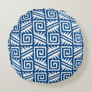 Cojín Redondo Ikat Aztec Tribal - Azul cobalto y blanco
