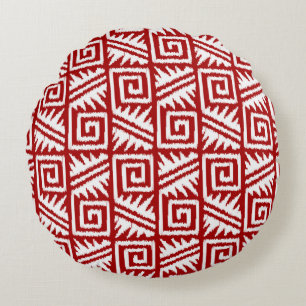 Cojín Redondo Ikat Aztec Tribal - Rojo oscuro y blanco