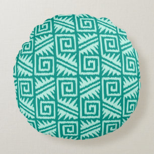 Cojín Redondo Ikat Aztec Tribal - Turquesa y Aqua