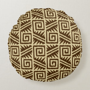Cojín Redondo Ikat Azteca Tribal - Marrón Oscuro y Beige