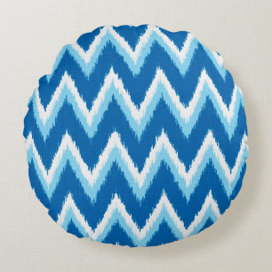 Cojín Redondo Ikat Chevron Stripes - Cobalto, azul cielo y blanc