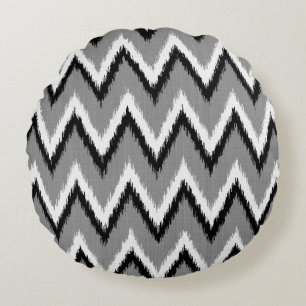Cojín Redondo Ikat Chevron Stripes - Gris / Gris, Negro y Blanco