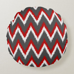 Cojín Redondo Ikat Chevron Stripes - Rojo, Blanco y Gris / Gris