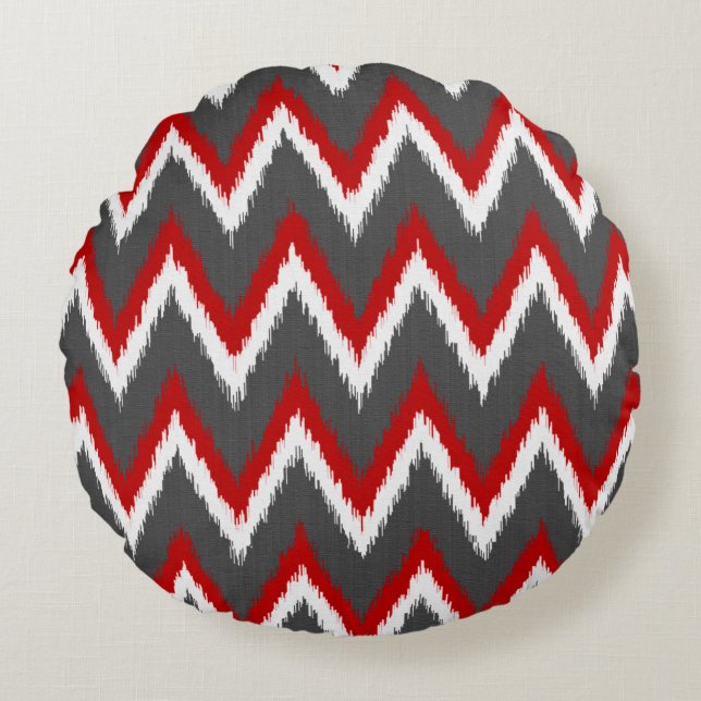 Cojín Redondo Ikat Chevron Stripes - Rojo, Blanco y Gris / Gris (Anverso)