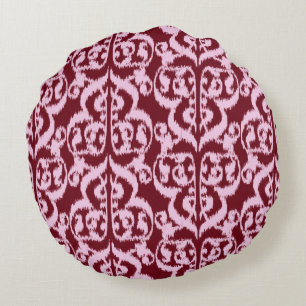 Cojín Redondo Ikat Damask morisco - burdeos y rosa.