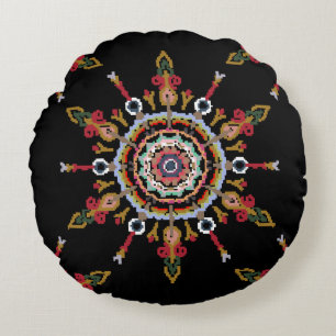 Cojín Redondo Ikat Damask Red Green Vintage