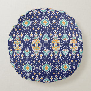 Cojín Redondo Ikat Geometric: Ornamento Folklore Oriental.