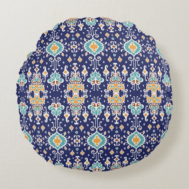 Cojín Redondo Ikat Geometric: Ornamento Folklore Oriental. (Anverso)