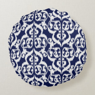 Cojín Redondo Ikat Moorish Damask - añil y blanco