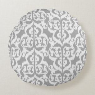 Cojín Redondo Ikat Moorish Damask - gris plateado y blanco