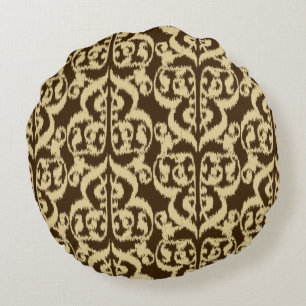 Cojín Redondo Ikat Moorish Damask - marrón chocolate y tostado