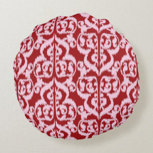 Cojín Redondo Ikat Moorish Damask - rojo oscuro y rosa
