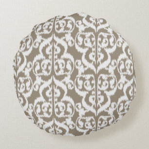 Cojín Redondo Ikat Moorish Damask - taupe tan y blanco