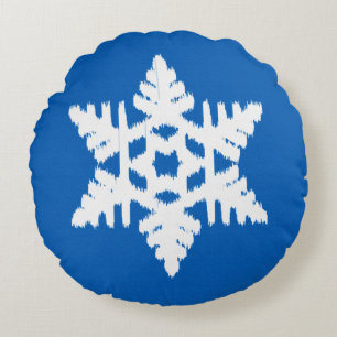 Cojín Redondo Ikat Snowflake - Azul cobalto y blanco