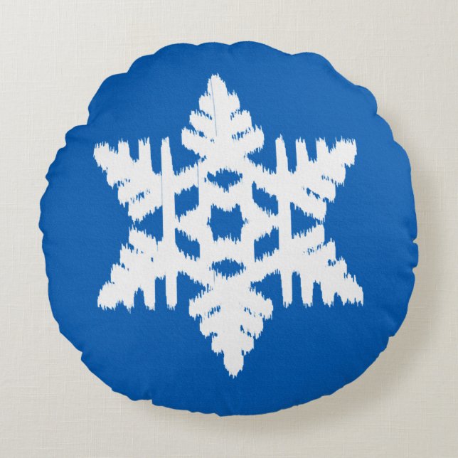 Cojín Redondo Ikat Snowflake - Azul cobalto y blanco (Anverso)