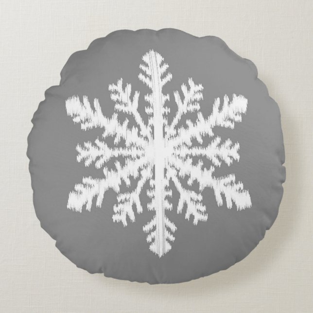 Cojín Redondo Ikat Snowflake - Blanco y gris de carbón vegetal (Anverso)