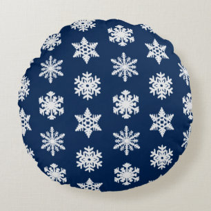 Cojín Redondo Ikat Snowflakes - Azul marino blanco y oscuro