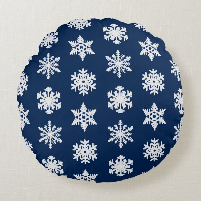 Cojín Redondo Ikat Snowflakes - Azul marino blanco y oscuro (Anverso)