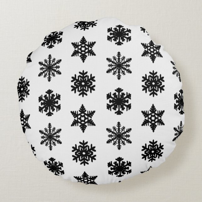 Cojín Redondo Ikat Snowflakes - Blanco y negro (Reverso)