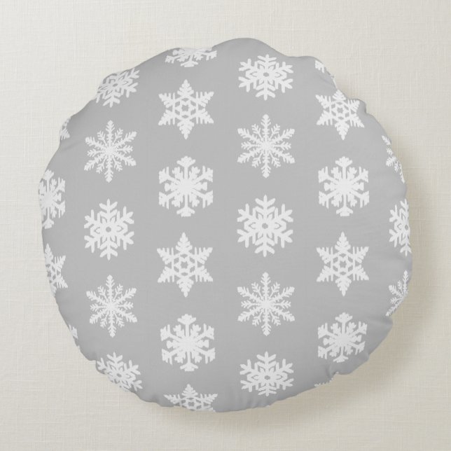 Cojín Redondo Ikat Snowflakes - gris plateado y blanco (Reverso)