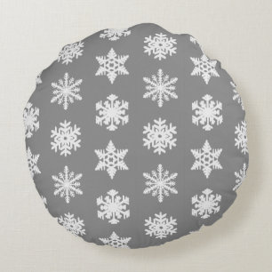 Cojín Redondo Ikat Snowflakes - Gris y blanco del carbón vegetal