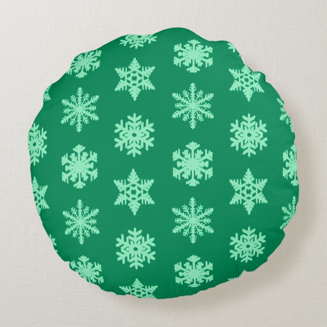 Cojín Redondo Ikat Snowflakes - Pino y verde menta (Reverso)