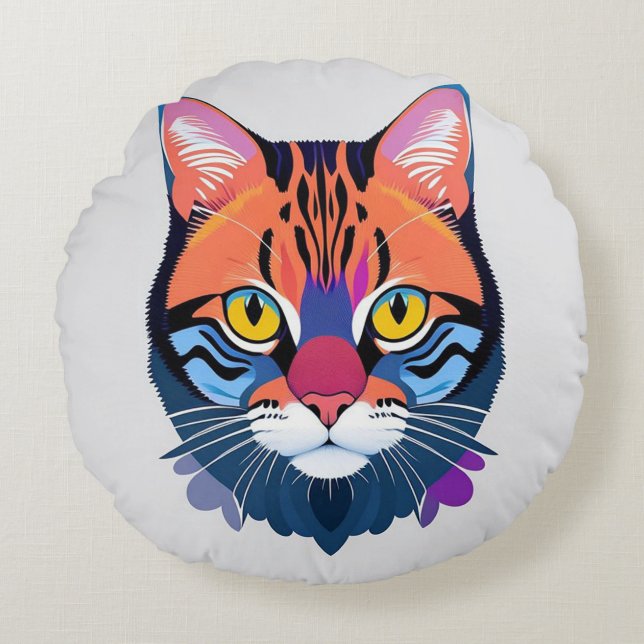 Cojín Redondo Ilustración abstracta de una cara de gato (Anverso)