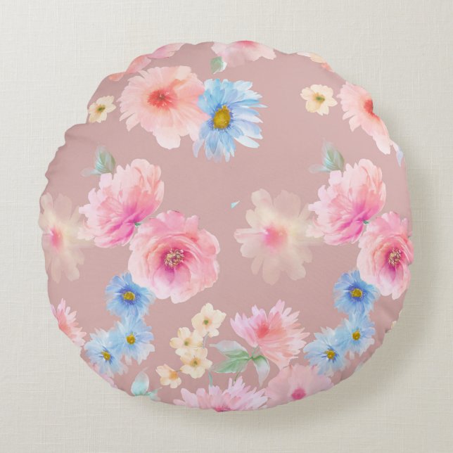 Cojín Redondo Ilustracion acuarela con flores. Big Set acuático (Anverso)