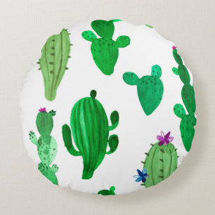 Cojín Redondo Ilustracion acuarela de cactus del desierto de tin
