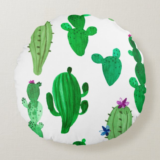 Cojín Redondo Ilustracion acuarela de cactus del desierto de tin (Anverso)