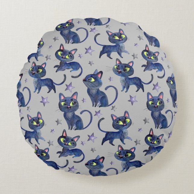 Cojín Redondo Ilustracion acuarela de Halloween con gatos negros (Anverso)