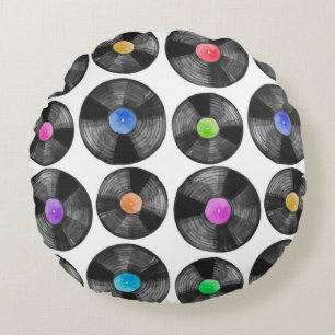 Cojín Redondo Ilustracion acuarela de un registro retro de vinil